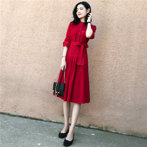红色连衣裙2024春装新款韩版长袖中长款打底裙收腰显瘦复古红裙子