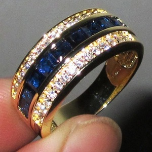 Youngwish热卖满钻蓝宝石方钻戒指 欧美镀18k黄金闪钻男女士指环