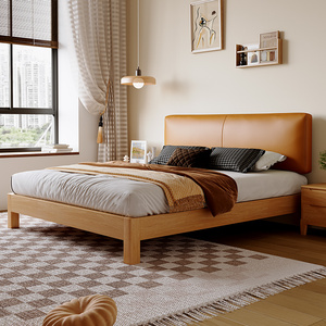 实木齐边床真皮软包超薄床头床1米2现代简约小户型1米5双人主卧床