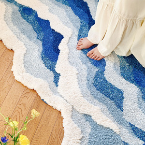 海浪地毯北欧沙发毯植绒床边毯茶几防滑蓝色异形客厅卧室脚垫地垫