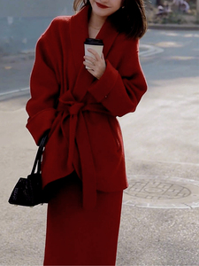 小香风气质复古红色双面羊绒大衣小个子套装毛呢外套半身裙二件套