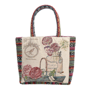 新款双面绣花加金丝花瓶花卉图案帆布女包上班手提袋带拉链手提包