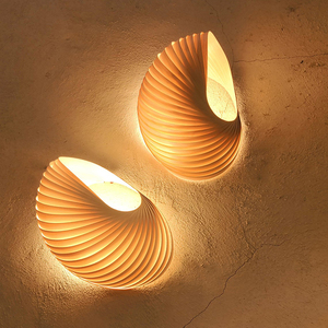 日式卧室壁灯楼梯茶室餐厅饭店过道书房创意设计海螺艺术木皮墙灯