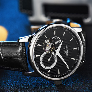 新款格卢恩（手表）品牌全自动镂空机械运动真皮钢带夜光国产腕表