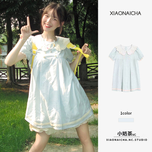 日系甜美可爱娃娃领连衣裙女夏季新款小个子宽松显瘦泡泡袖短裙子