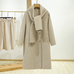 【约】纯色宽松双面呢大衣+围巾两件套2023冬季新款品牌折扣女装