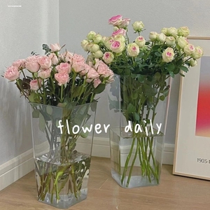 亚克力醒花桶家用透明塑料养花鲜花大号方形花束花店插花花瓶花筒