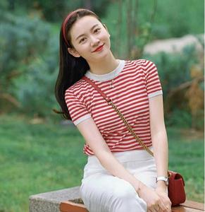 2024夏季新品 天丝针织短袖红白条纹t恤衫薄款宽松显瘦女上衣半袖