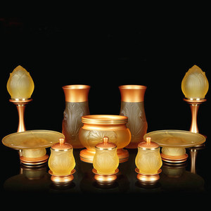 台湾纯铜琉璃供佛套装佛前供水杯果盘香炉花瓶 LED七彩莲花灯摆件