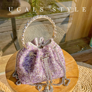 UGALS法式仙女紫水晶镶钻珍珠钻石包闪亮不灵晚宴手拿水桶斜挎包