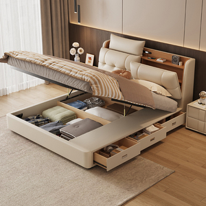 现代简约真皮床实木高箱抽屉储物大床双人主卧室皮床软床2mx2米2