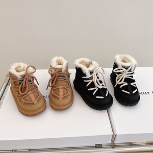韩版儿童绑带真皮雪地靴2023冬季宝宝棉靴男女童加绒加厚靴子大棉