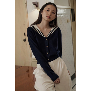 优雅减龄少女感 韩国设计师23秋撞色海军领学院风针织毛衣开衫女
