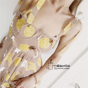 【特价清仓】ForLove&lemons 甜美水果菠萝网纱吊带连衣裙度假裙