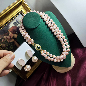 vintage中古粉色琉璃珍珠多层层绿色锆石插扣头银耳钉耳环套装女