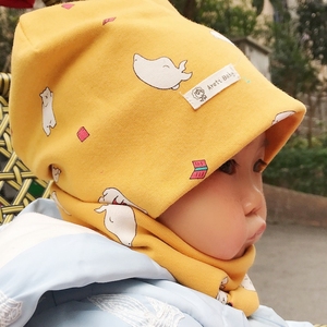 春秋冬婴幼儿童男女宝宝0-3-7岁纯棉卡通双层套头胎帽子围脖套装