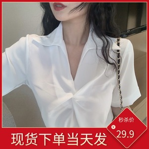 白色衬衫女设计感小众韩版V领上衣2023春夏宽松复古港味短袖衬衣