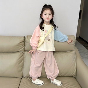 韩国童装女童春秋套装春季新款甜美可爱小童撞色两件套肩袖卫衣潮
