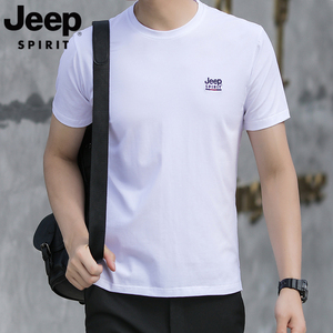 Jeep2024纯棉短袖白色t恤男圆领下摆开叉纯色吉普高端体恤打底衫