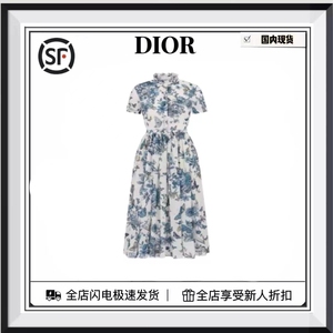 Dior/迪奥 24春夏新款度假风蓝色蝴蝶花卉印花碎花连衣裙腰带长裙