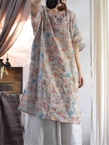2024夏季原创设计棉麻女装文艺复古苎麻印花中式民族风连衣裙袍子