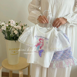儿童短袖T恤美人鱼半身裙套装24夏季韩版女童宝宝可爱珠片两件套