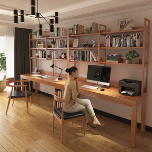 实木书桌书架一体靠墙卧室学习书柜组合整墙双人长条工作台电脑桌