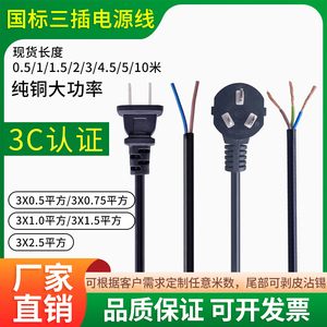 纯铜国标电源线二插三插头2芯/3芯0.75/1.0/1.5/2.5平方两项带线