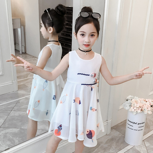 女童雪纺连衣裙2023新款洋气韩版中大童夏季儿童可爱无袖卡通裙子