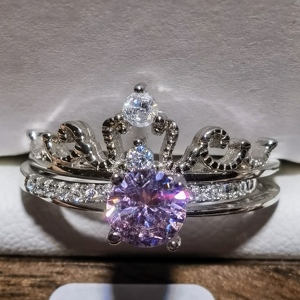 两件套粉色大水钻时尚皇冠女款925银戒指 一款三种戴法 圈口可调