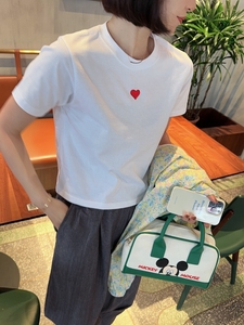 韩国东大门女装春季通勤简约甜美风刺绣红色爱心白色短款短袖T恤