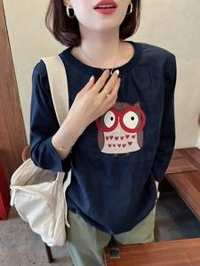 韩国东大门女装秋季清新甜美卡通猫头鹰贴布深蓝色显瘦七分袖T恤
