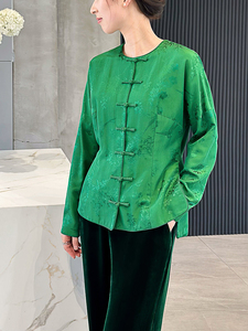 ALIN嘉玲同款原厂 祖母绿禅意现代中式真丝棉提花对襟盘扣上衣