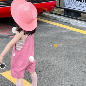 儿童粉色背带裤2024夏季韩国童装女童宝宝连体短裤洋气时髦连体衣