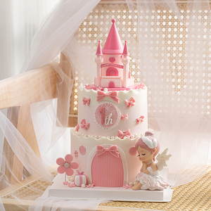 粉色梦幻城堡蛋糕装饰摆件女孩宝宝小仙女贝拉公主周岁生日插件
