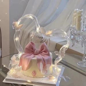 网红女神生日蛋糕装饰发光飘带摆件粉色糯米纸蝴蝶结仙女蛋糕插件