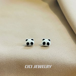 CICI韩国新款纯银针高品质熊猫脑袋可爱卡通经典黑白耳环耳钉男女