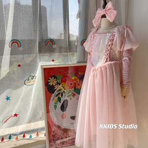 女童粉色人鱼姬泡泡袖网纱公主裙长袖可拆卸洋气连衣裙儿童礼服裙