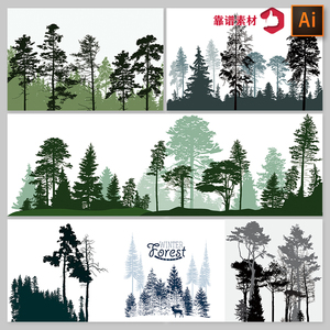 黑白剪影树林森林大树插画背景墙纸矢量设计素材