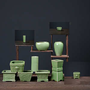 哥窑陶瓷花盆绿色中小清瓷多肉盆器透气个性简约复古创意绿植盆器