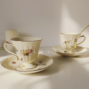 lisashop法式蝴蝶咖啡杯碟复古欧式描金奶茶杯下午茶咖啡杯精致