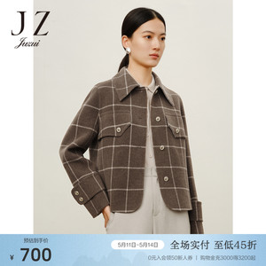 商场同款JZ玖姿格纹文艺翻领工装廓形休闲短外套夹克女装冬季新款