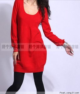针织类定制大领韩版高腰花苞精品羊绒连衣裙秋冬女装毛衣裙红色