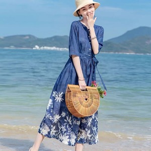 夏季女士减龄印花系带收腰显瘦海边沙滩裙长裙百搭中袖苎麻连衣裙