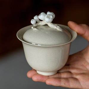 陶瓷日式手工捏花小号三才盖碗茶杯家用复古草木灰个手抓泡茶碗