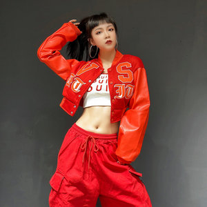 刺绣红色夹克外套女短款爵士舞上衣薄款显瘦嘻哈街舞kpop演出服装