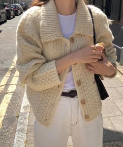 韩国正品代购HOWUS翻领休闲米色针织开衫女秋冬新款短款毛衣外套
