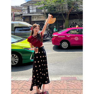 TIDE STUDIOS 韩版时尚套装女夏季红色显白短袖上衣高腰波点半裙