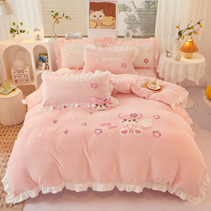 公主风卡通牛奶绒床上四件套加厚保暖双面珊瑚法兰绒被套床单床笠