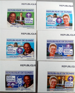 几内亚2007名人与童子军6全无齿 边纸随机，部分发黄精美外国邮票